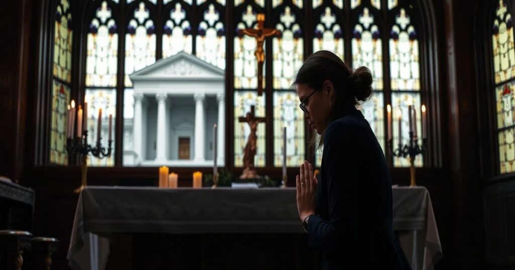 Kobieta modląca się przed ołtarzem z krzyżem i świecami na tle budynku Sądu Najwyższego USA