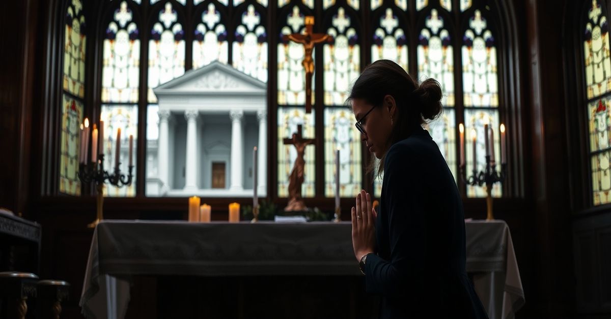 Kobieta modląca się przed ołtarzem z krzyżem i świecami na tle budynku Sądu Najwyższego USA
