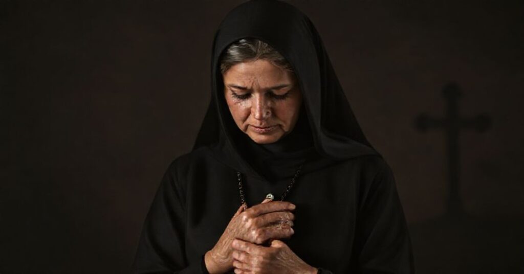 Niedawno rozwiesiona kobieta w modlitwie przed krzyżem, symbolizująca tragedię aborcji