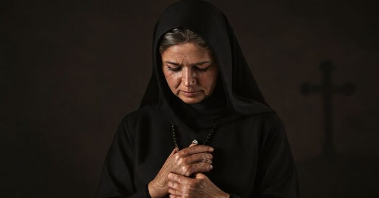Niedawno rozwiesiona kobieta w modlitwie przed krzyżem, symbolizująca tragedię aborcji