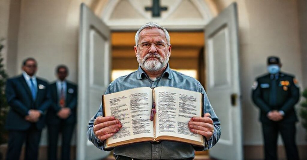 Portret pastora Mike McClure przed kościołem Calvary Chapel w San Jose podczas zakazu kultu w latach 2020-2021