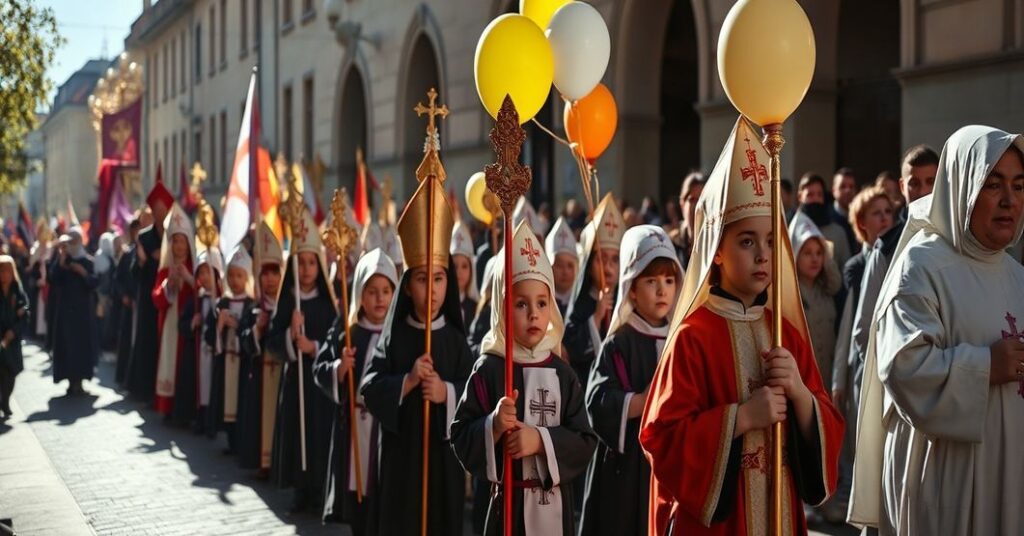 Sobótka katolicka w Kaliszu przedstawiająca synkretyczny spektakl pseudoświątości z dziećmi przebranymi za nowo wyniesionych 'światych'