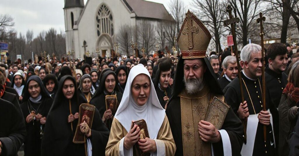Pobożne wierne marszują z relikwiami świętych w Kaliszu, z modernistycznym kościołem w tle, odzwierciedlając napięcie między autentycznym kultem a postkoncyliarem synkretyzmem.