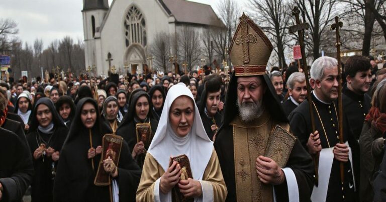 Pobożne wierne marszują z relikwiami świętych w Kaliszu, z modernistycznym kościołem w tle, odzwierciedlając napięcie między autentycznym kultem a postkoncyliarem synkretyzmem.