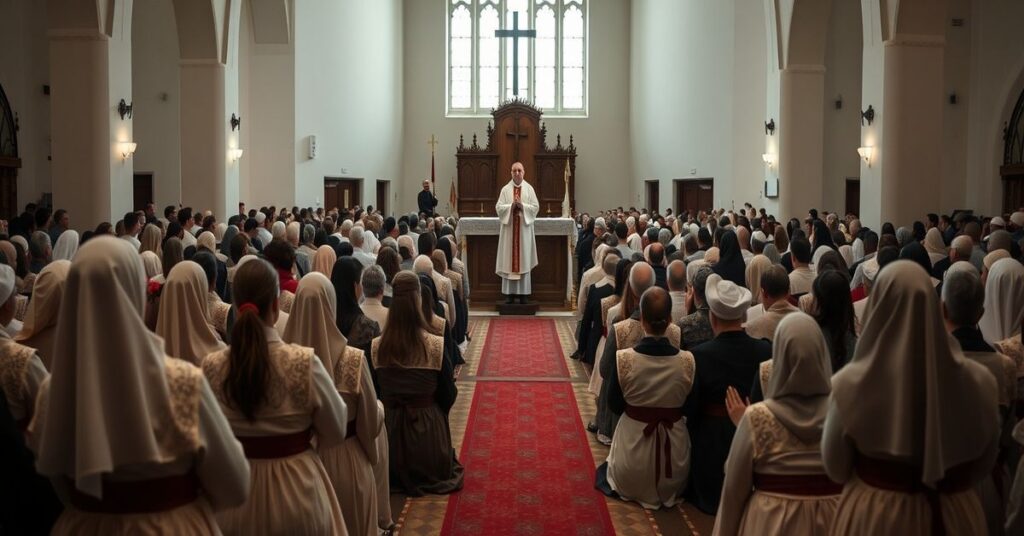 Grupa kobiet modlących się w kościele w Kaliszu podczas wydarzenia Margaretka, z "bp" Łukaszem Buzunem na ambonie.