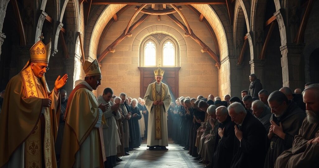 Szczegółowa scena liturgiczna w Kalwarii Zebrzydowskiej z duchownymi w tradycyjnych szatach podczas uroczystości, podkreślająca powagę i tradycję katolicką