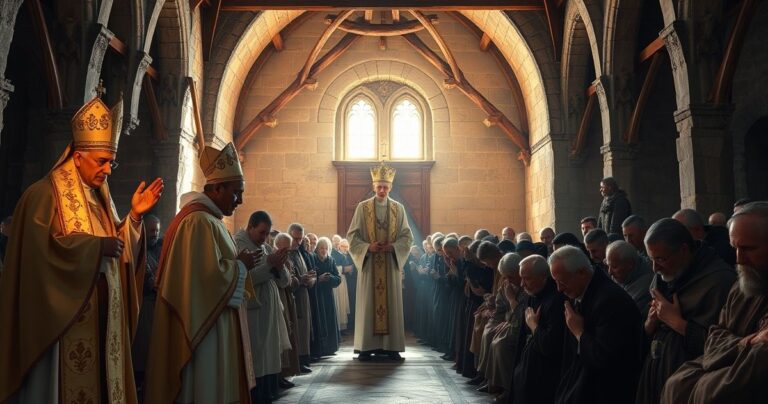 Szczegółowa scena liturgiczna w Kalwarii Zebrzydowskiej z duchownymi w tradycyjnych szatach podczas uroczystości, podkreślająca powagę i tradycję katolicką