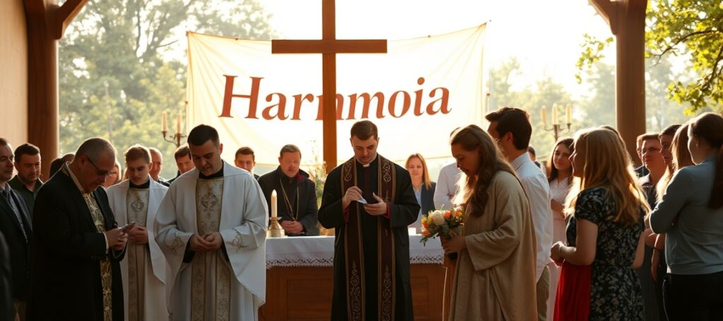 Tradycyjny ołtarz w Kalwarii Pacławskiej podczas festiwalu humanitaryzmu pod patronatem abp Tadeusza Wojdy SAC – młodzi ludzie modlą się w ciszy wobec nowoczesnej herezji harmonii bez Chrystusa