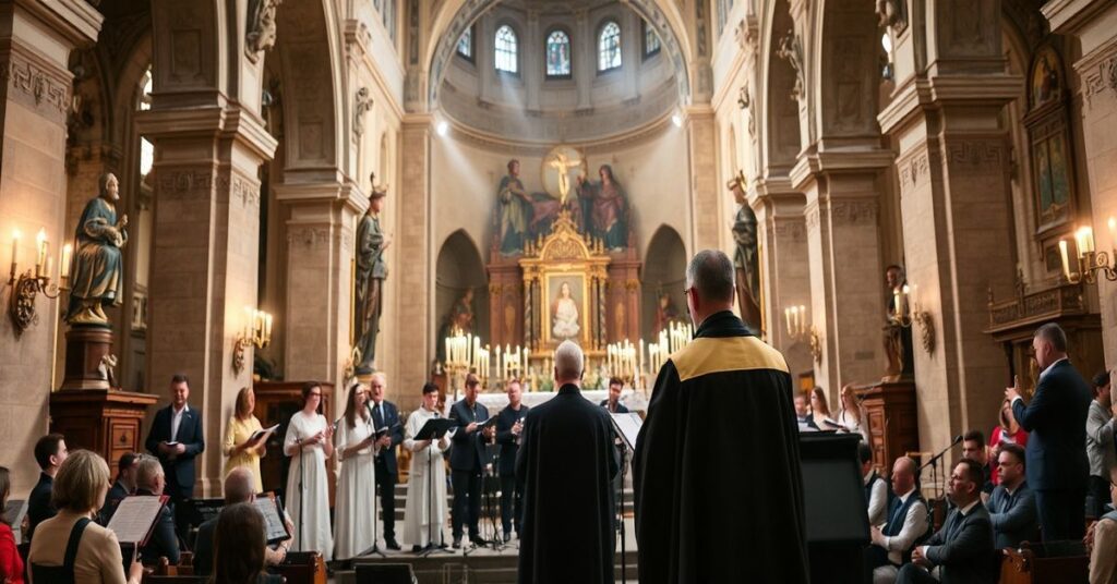 Wnętrze kalwaryjskiej bazyliki podczas profanacyjnego festiwalu muzycznego z koncertem na scenie i kapłanem w nowoczesnych paramencie.