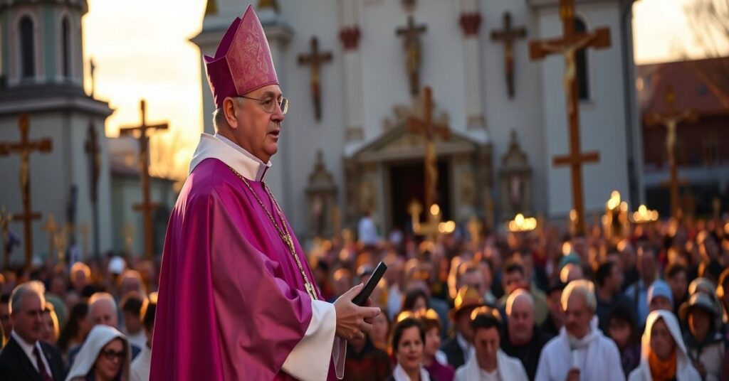 Arcybiskup Marek Jędraszewski podczas kazania w Kalwarii Zebrzydowskiej podczas Misteriów Męki Pańskiej