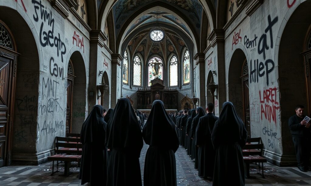 Zdjęcie przedstawiające sanktuarium w Kalwarii Zebrzydowskiej z kaplicami pokrytymi satanistycznymi napisami. Bernardyni modlą się lub badają zniszczenia w atmosferze smutku i pobożności.