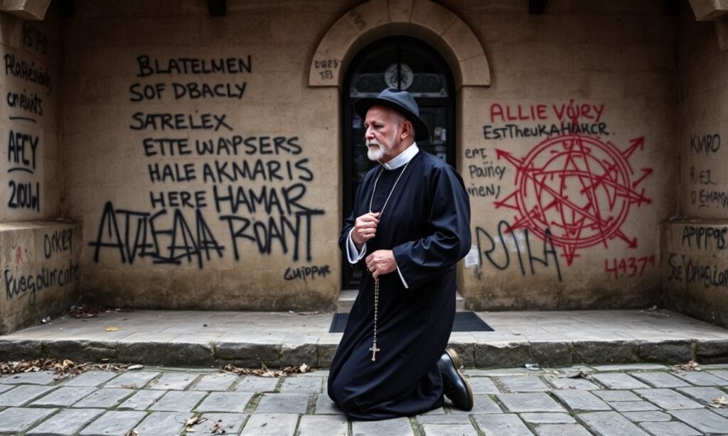 Wizerunek przedstawiający akt wandalizmu na Dróżkach Kalwaryjskich w Kalwarii Zebrzydowskiej z blasfemijnymi i satanistycznymi napisami na murach kaplic. Pielgrzym modli się przed zdewastowanym sanktuarium.