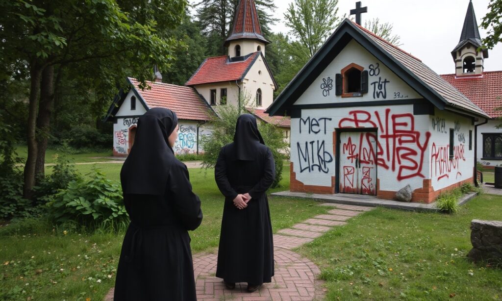 Obraz przedstawiający wandalizm w Kalwarii Zebrzydowskiej z mnichami bernardynami modlącymi się obok splugawionych kaplic