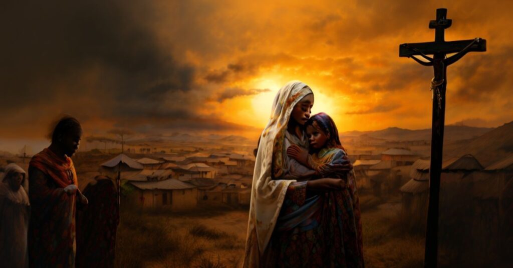Obraz przedstawiający matkę w tradycyjnym stroju Mbororo trzymającą zamordowane dziecko po masakrze w Kamerunie, z krzyżem na tle symbolizującym królestwo Chrystusa.