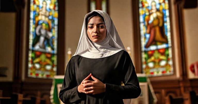 Młoda kobieta w zakonnej szacie modli się w tradycyjnym kościele katolickim, odrzucając światowy blask.