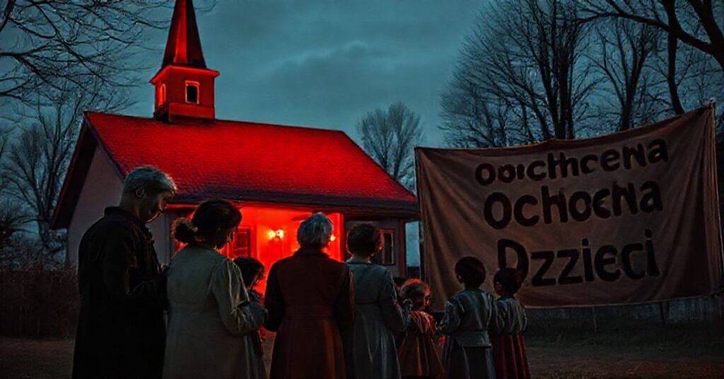 Członkowie katolickiej rodziny modlą się przed domem oświetlonym na czerwono podczas kontrowersyjnej kampanii "Dzieciństwo bez Przemocy"