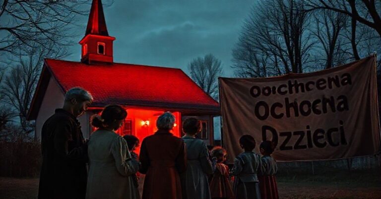 Członkowie katolickiej rodziny modlą się przed domem oświetlonym na czerwono podczas kontrowersyjnej kampanii "Dzieciństwo bez Przemocy"