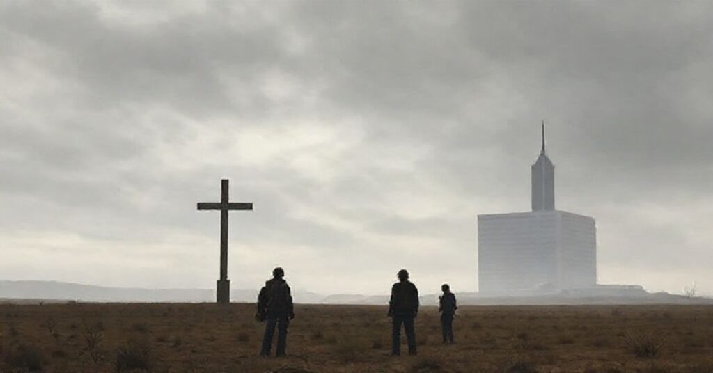 Realistyczny widok pustości duchowej w Kanadzie z blaknącym krzyżem na tle i zaniepokojoną młodzieżą