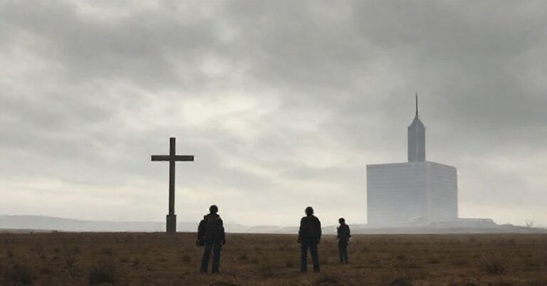 Realistyczny widok pustości duchowej w Kanadzie z blaknącym krzyżem na tle i zaniepokojoną młodzieżą