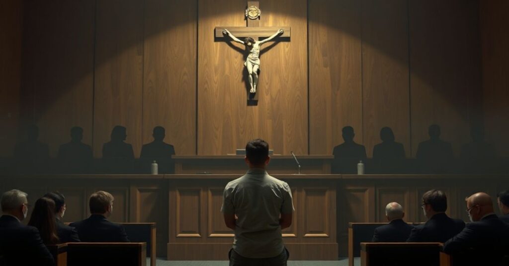 Młody mężczyzna modli się przed krzyżem na tle kanadyjskiego sądu debatującego o eutanazji i handel organami.