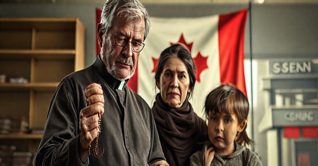 Rodzina kanadyjska w trudnej sytuacji finansowej, modląc się za pomocą różańca, na tle symbolicznych elementów upadku ekonomicznego i moralnego.