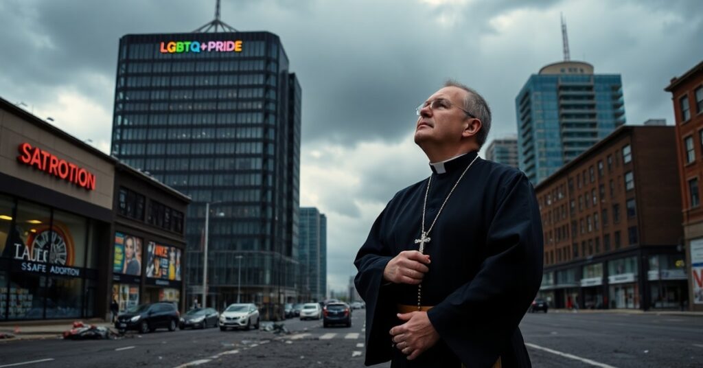 Ksiądz w tradycyjnym ornaty na tle zdradzonego Toronto z burzowym niebem i ruchami aborcji i gender w tle