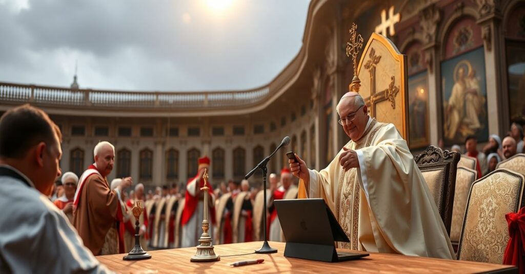 Staruszek modlący się z różańcem przed ekranem komputera z fragmentami Pisma Świętego oznaczonymi jako nienawistne w ramach kontroli rządowej w Kanadzie.