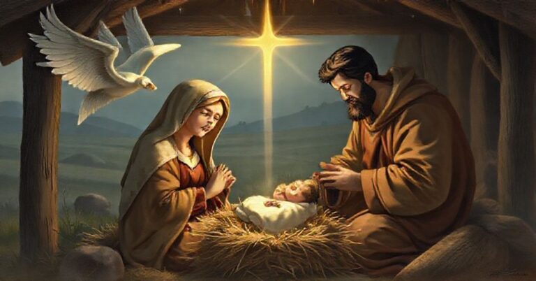 Traditionalny katolicki sceny Narodzenia z Maryją, Józefem i Dzieciątkiem Jezus w stajence z aniołem zwiastującym narodziny.