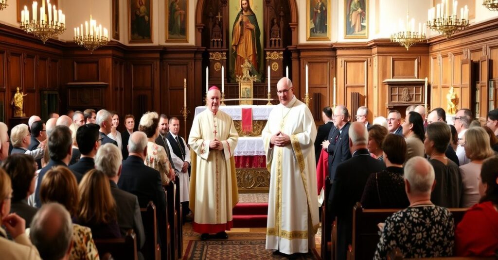 Grupa katolickich duchownych i wiernych gromadzi się w kościele w Kanadzie, wyrażając zaniepokojenie wobec nowych praw karnych zagrażających wolności religijnej.