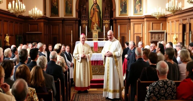 Grupa katolickich duchownych i wiernych gromadzi się w kościele w Kanadzie, wyrażając zaniepokojenie wobec nowych praw karnych zagrażających wolności religijnej.