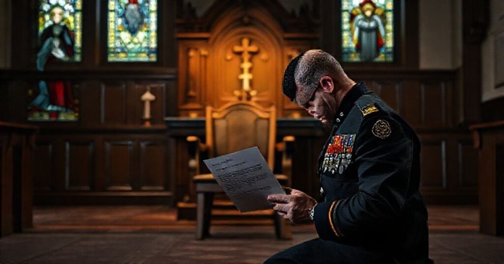 Kanadyjski weteran w mundurze modli się przed drewnianym ołtarzykiem Serca Pana Jezusa, trzymając list RCMP dotyczący eutanazji.