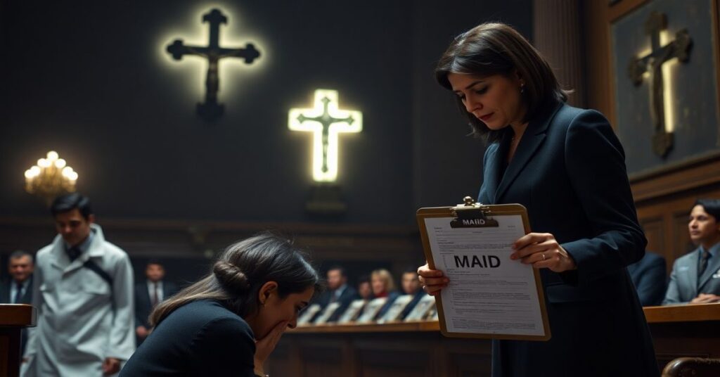 Pokorna kobieta w desperacji klęczy przed lekarzem Mona Gupta w kanadyjskim parlamencie.