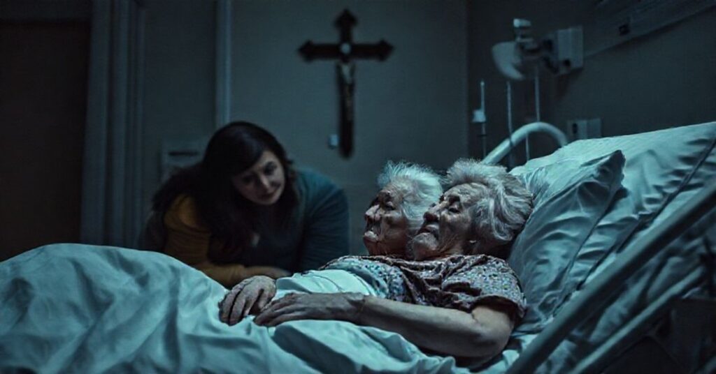 Zdjęcie przedstawia starszą kobietę w łóżku szpitalnym otoczoną przez rodzinę w smutku z powodu kanadyjskiego prawa do eutanazji.