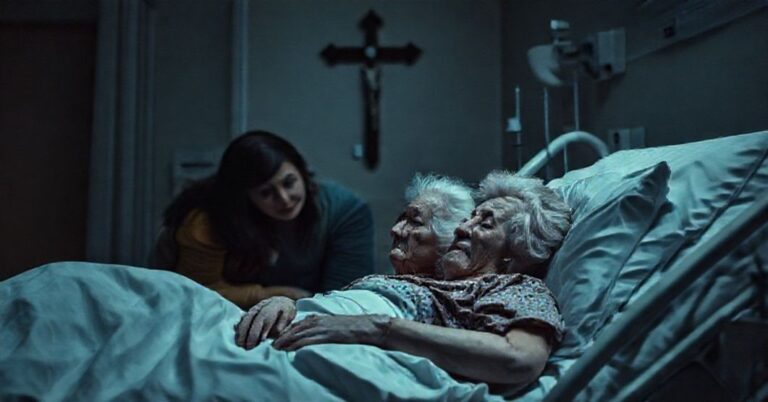 Zdjęcie przedstawia starszą kobietę w łóżku szpitalnym otoczoną przez rodzinę w smutku z powodu kanadyjskiego prawa do eutanazji.