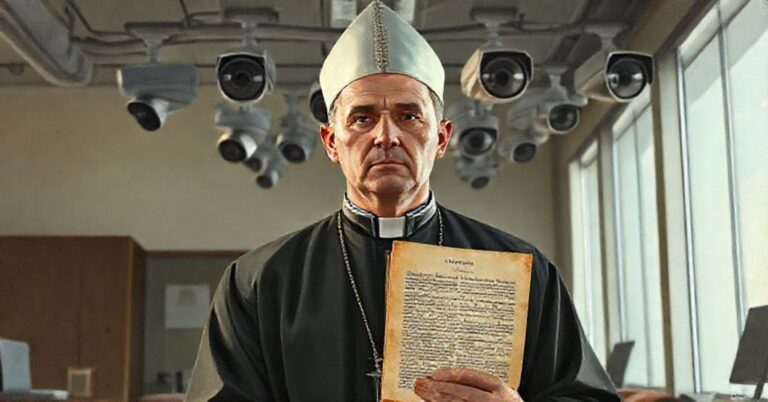 Mężczyzna w tradycyjnym katolickim ubiorze stoi przed rządami kamer monitoringu w urzędzie rządowym, trzymając kopię encykliki Piusa XI 'Quas primas'.