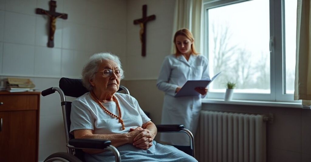 Jolene Van Alstine w szpitalu kanadyjskim z różańcem modląc się przed decyzją o eutanazji