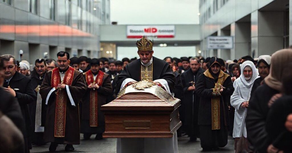 Pogrzeb w Kanadzie z księdzem w ornaty na tle szpitala i kliniki eutanazji