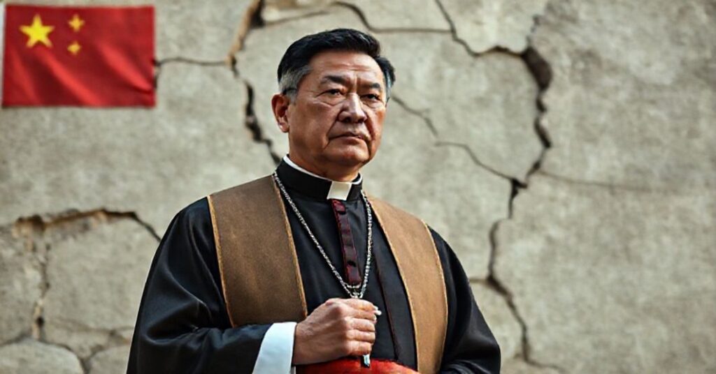 Ksiądz w tradycyjnych szatach modlących się przed zniszczonym kościołem w Chinach.