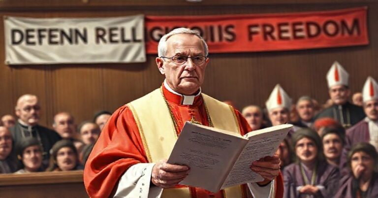 Kanadyjski biskup w tradycyjnych szatach liturgicznych stojący przed sądem, trzymający kodeks kryminalny Kanady z poważnym wyrazem twarzy.
