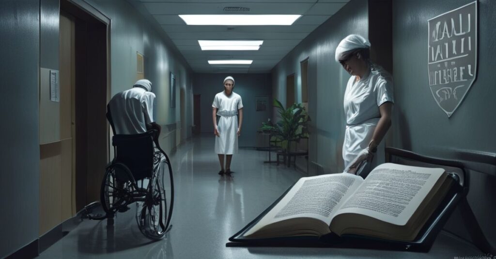 Smutna scena w szpitalu z osobą w wózkurtli poddającą się eutanazji zamiast leczenia medycznego
