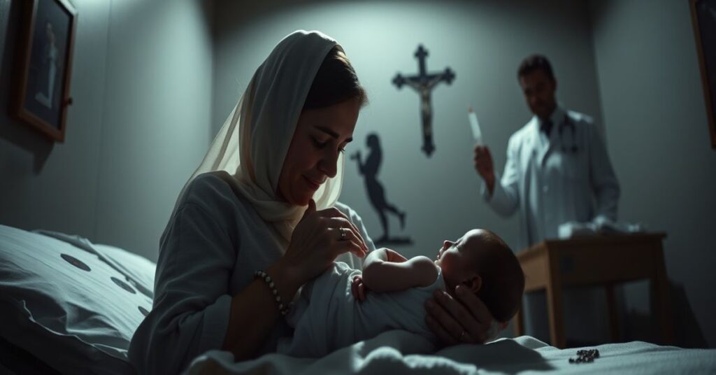 Kobieta modli się nad niemowlęciem w szpitalu z cieniem lekarza trzymającego zastrzyk śmiertelny