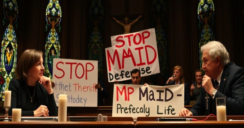 Scena parlamentu kanadyjskiego debatująca nad ustawą C-218 o eutanazji dla chorych psychicznie z perspektywy katolickiej.