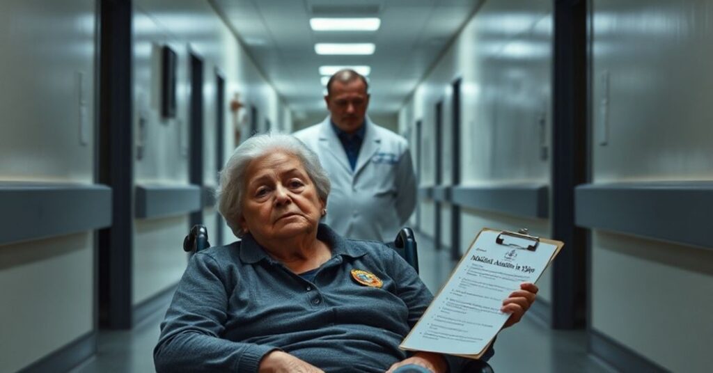 Kobieta w wózku inwalidzkim w szpitalu kanadyjskim symbolizuje upadek systemu opieki zdrowotnej i legalizację eutanazji.