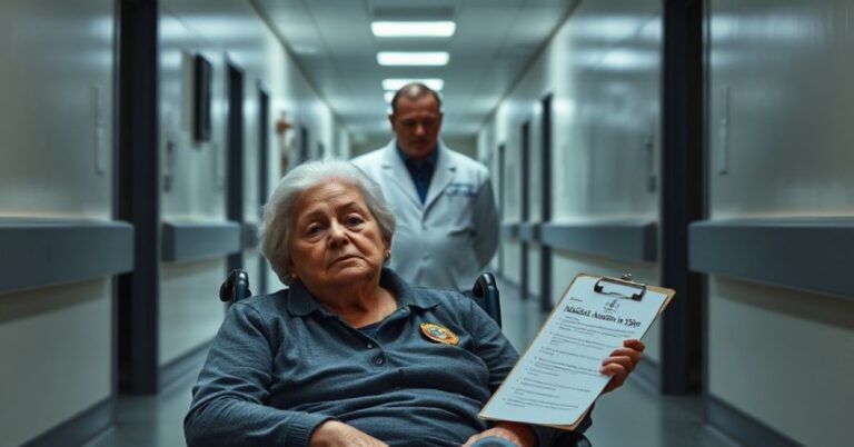 Kobieta w wózku inwalidzkim w szpitalu kanadyjskim symbolizuje upadek systemu opieki zdrowotnej i legalizację eutanazji.