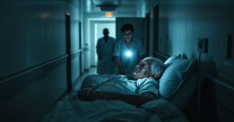 Stary hospitalny korytarz z chorym mężczyzną leżącym w łóżku w ciemności, podświetlonym przez latarkę pielęgniarki