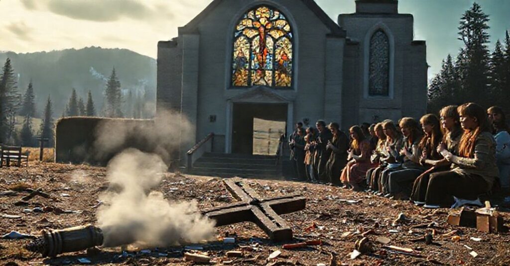 Zdjęcie przedstawia spustoszone wnętrze katolickiego kościoła w Kanadzie z rozbitymi witrażami i rozrzuconymi przedmiotami sakralnymi. W tle widoczny jest smog oraz grupa katolików modlących się na zewnątrz.