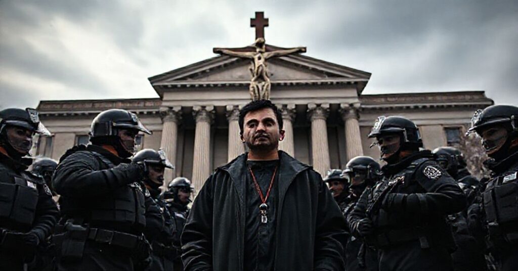 Scena sądowego prześladowania katolickiego protestanta Evana Blackmana przez kanadyjskie władze