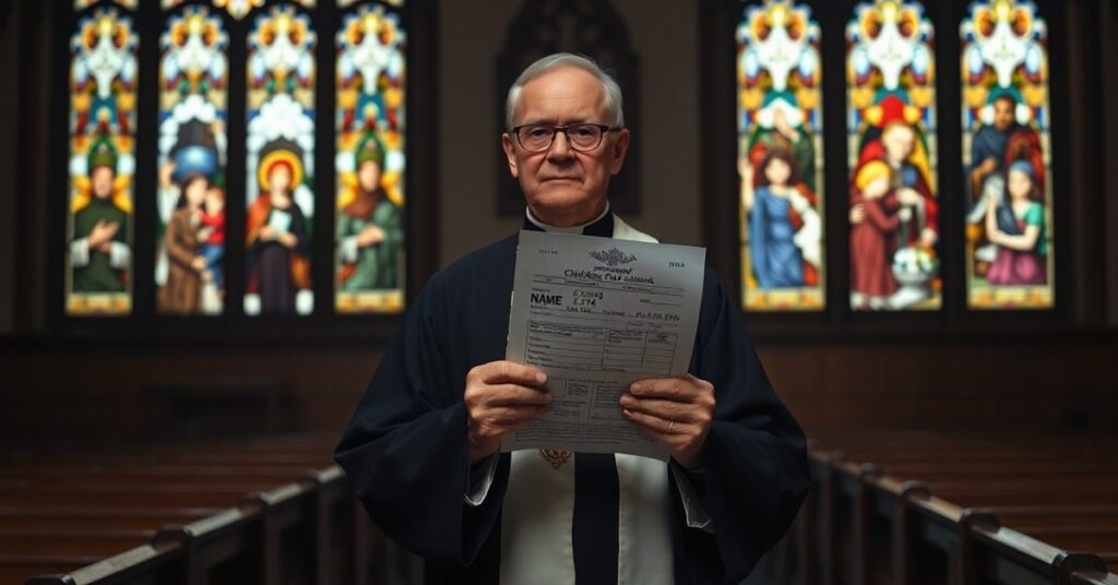 Ksiądz katolicki trzymający formularz świadczeń socjalnych Kanady z nazwiskiem Trudeau i CRA w ciemnym kościele z witrażami ukazującymi kanadyjskich podatników i imigrantów otrzymujących zasiłki