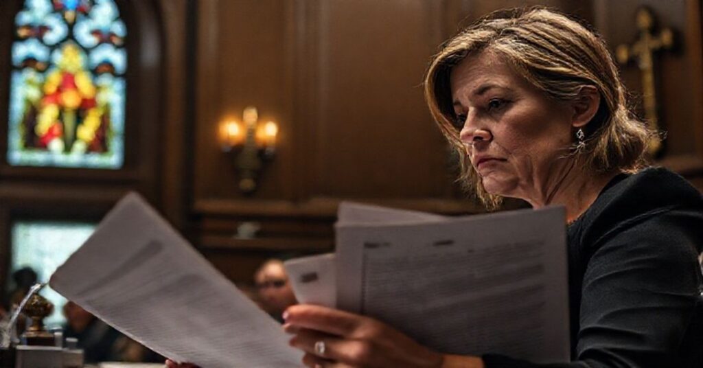 Weteranka Kelsi Sheren świadczy przed komisją parlamentarną, trzymając dokumenty dowodzące ofert eutanazji dla weteranów. Uroczyste wnętrze parlamentu z katolickimi symbolami podkreśla błąd moralny tej polityki.