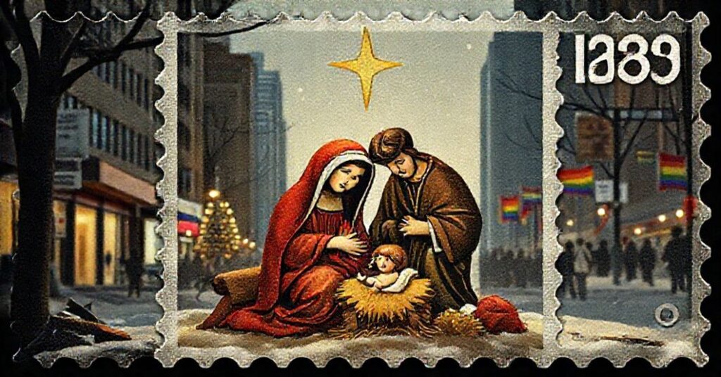 Zdjęcie przedstawia sentymentalną scenę Narodzenia z Maryją, Józefem i Dzieciątkiem Jezus na kanadyjskim znaczku pocztowym. Tło ujawnia współczesną apostazję Kanady poprzez symbolikę LGBT i aborcji.